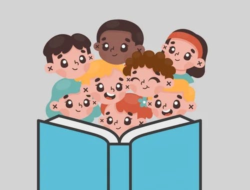 Teikninga synar ansiktet til 8 barn som les i ei bok. Alle barna ser glade ut. 